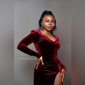 Deep Red Velvet Full Length Gown with High Side Split